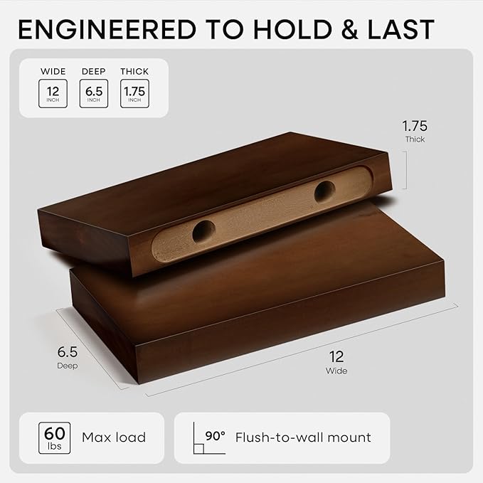 Homeforia Walnut 12 inch Floating Shelf, High End Solid Real Wood Small 12inch Floating Shelves for Wall Mounted, Dark Brown 12in Floating Shelves, Heavy Duty Bracket, 12 X 6.5 X 1.75 inches, Set of 2