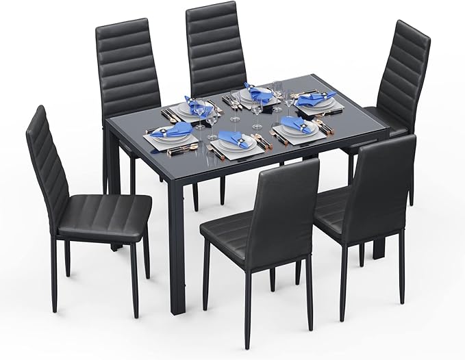 Gizoon Glass Dining Table Sets for 6, 7 Piece Kitchen Table and Chairs Set for 6 Person, PU Leather Modern Dining Room Sets for Home, Kitchen, Living Room