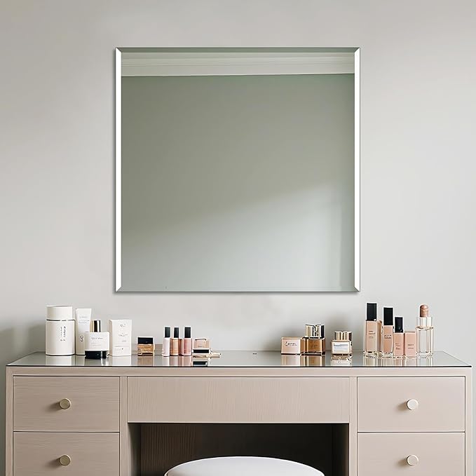 Ruomeng Frameless Mirror for Wall, 30x30 Inch Bathroom Vanity Mirror Farmhouse, Rectangle Mirror with Beveled Edge, Tempered Glass, Hangs Horizontally or Vertically