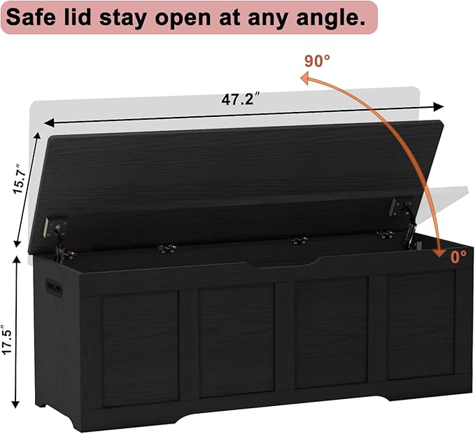 47.2" Storage Chest, Extra Large Storage Trunk with 2 Safety Hinges, Wooden Storage Bench, Shoe Bench, Entryway Bench for Living Room, Bedroom, Black