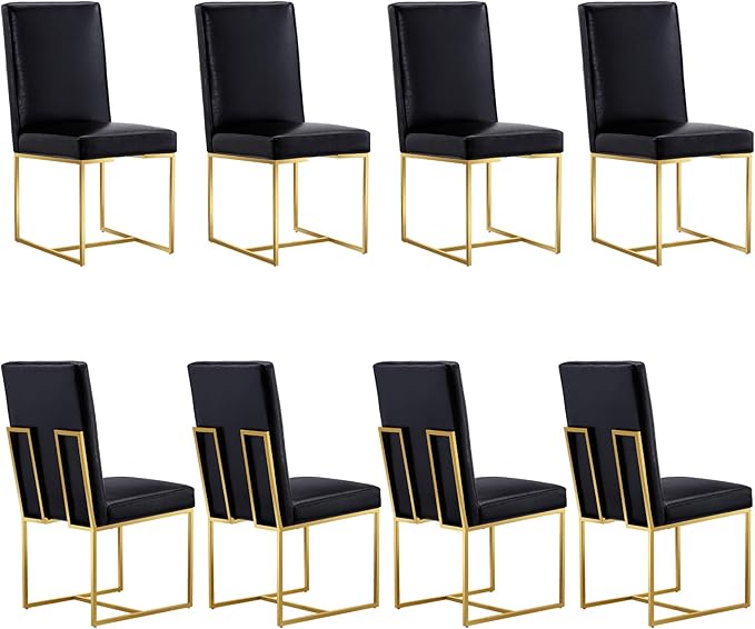 AUZ Dining Chairs Set of 8, Black Faux Leather Upholstered Dining Room Chairs with Polished Gold Stainless Steel Sled Legs