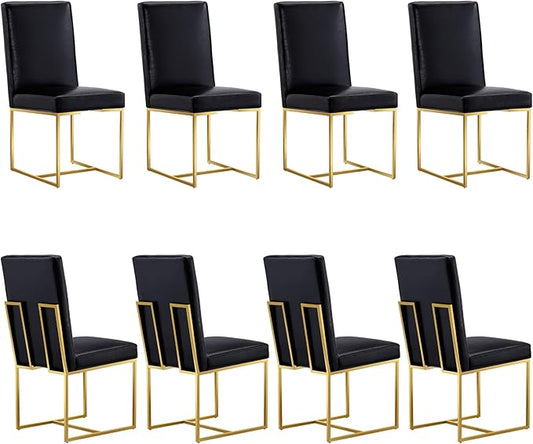 AUZ Dining Chairs Set of 8, Black Faux Leather Upholstered Dining Room Chairs with Polished Gold Stainless Steel Sled Legs