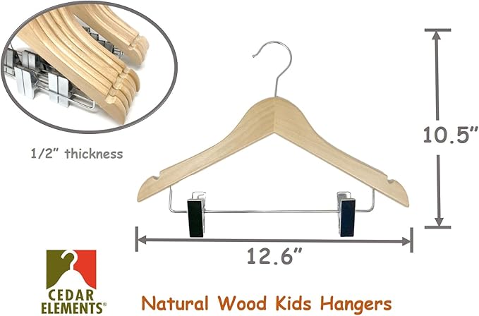 Kids Hangers with Metal Clips Pant Bar 4T-10 (Natural Wood)