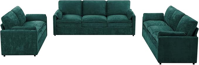 3 Pieces Chenille Sofa Set w/Arm Pillows, Upholstered Loveseat & 2 Pieces 3 Seater Sofa w/Comfortable Back Cushions, Modern 2-Seat & 3-Seat w/High-Density Foam for Living Room, Teal