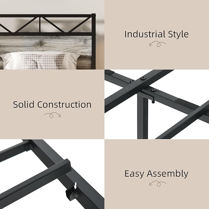 Twin Size Bed Frame with 51.2" Tall Headboard and Footboard, Platform Bed Frame with Metal Support, Solid and Stable, Noise Free, No Box Spring Needed, Wash Grey