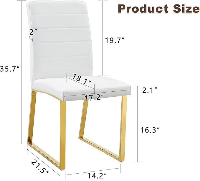 Modern Dining Chairs Set of 2, White Faux Leather Kitchen Chairs, Upholstered Armless Dining Room Chair with Gold Mental Legs Heavy Duty, Comfortable (White and Gold, Set of 2)