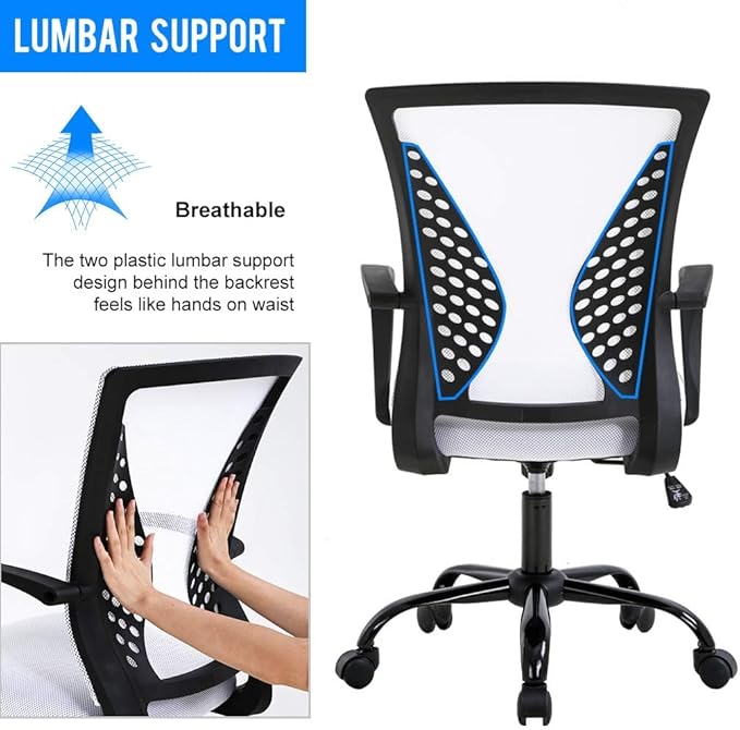 Mesh Office Chair Ergonomic Desk Chair Computer Chair with Lumbar Support Armrest Rolling Swivel Task Mid Back Adjustable Chair for Adults, White