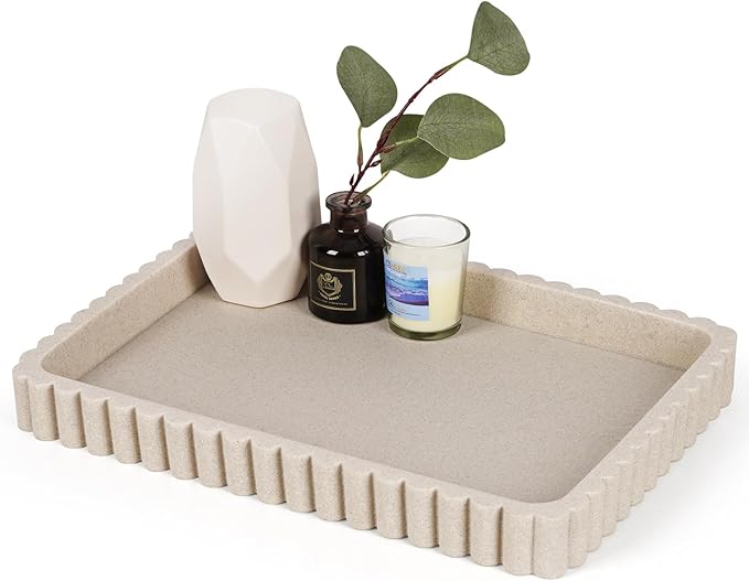 Resin Decorative Tray for Coffee Table Decor, 14" Coffee Table Tray Ottoman Tray Table Centerpieces, Rectangular Modern Decorative Trays for Home Decor, Living Room, Entry, Resin Beige