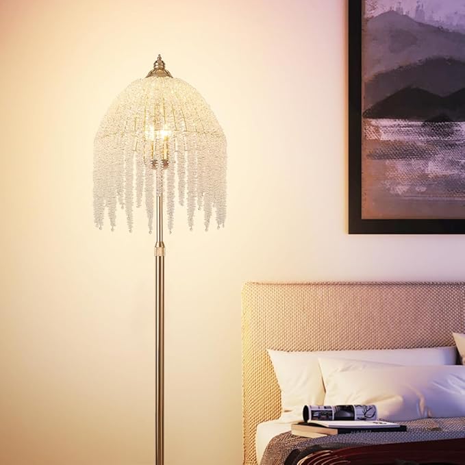 Vintage Style Floor Standing Lamp, Waterfall Design with Grape-Shaped Tall Gold Pole Light, Modern Dimmable Crystals Standing Lamps (Gold + Iron-6)