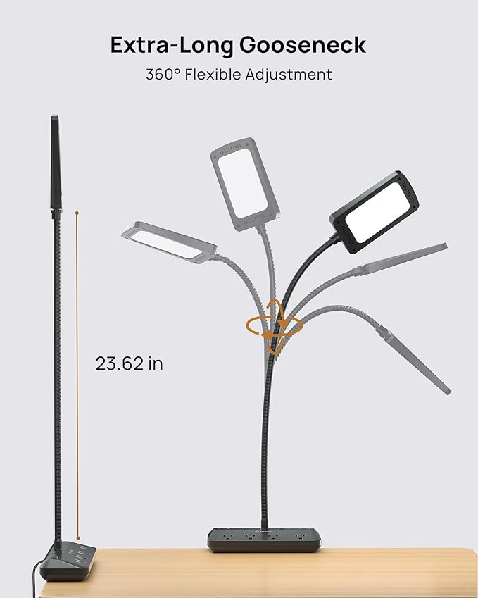 TROND LED Desk Lamp with Clamp Power Strip - Eye Caring Desk Light with 4 Surge Protector Outlet, 15 Lighting Mode, 6ft Flat Plug Extension Cord, Gooseneck for Home Office College Dorm Room Essentials
