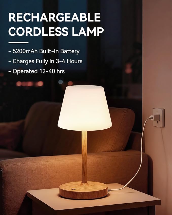 Outdoor Waterproof Shower Lamp, 5200mAh Cordless Rechargeable Table Lamp with Touch Dimming, IP65 Wireless LED Night Light for Patio, Camping, Bathroom, Restaurant & Kitchen (Wood Grain)