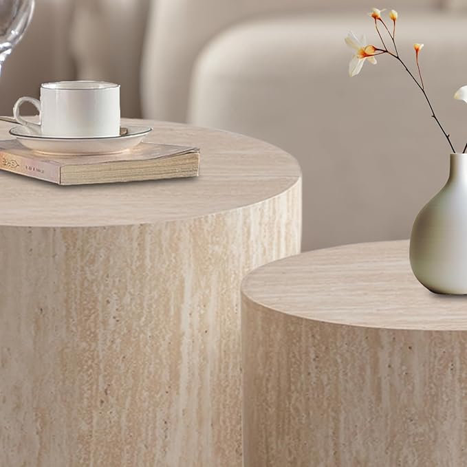 Round Nesting Coffee Table Set of 2 Travertine Round Drum Fluted Coffee Tables for Small Space Modern Stacking Nesting Tables Minimalist Circle Center Table 2 Piece for Living Room (Travertine)