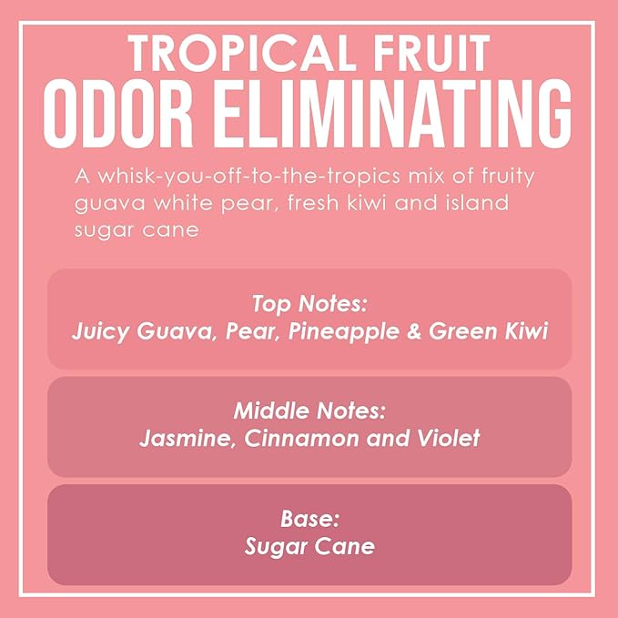 Tropical Fruit Odor Eliminating Highly Fragranced Candle - Eliminates 95% of Pet, Smoke, Food, and Other Smells Quickly - Up to 80 Hour Burn time - 12 Ounce Premium Soy Blend