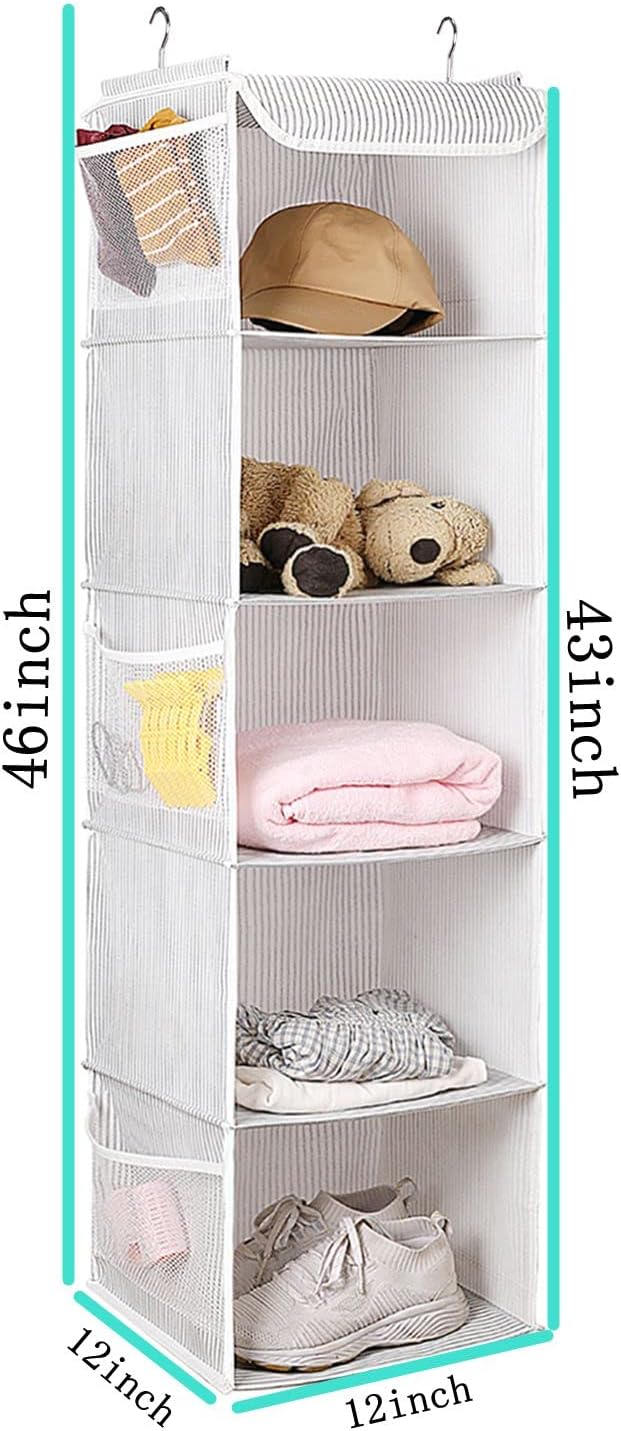5 Shelves Hanging Closet Organizer, 2 Pack Hanging Storage with 6 Side Pockets for Clothes Shoes, 43"x12"x12"(Strip)
