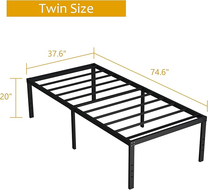 Twin Bed Frames No Box Spring Needed, 20 Inch Heavy Duty Metal Bed Frame Twin Support Up to 2500 lbs, Easy Assembly, Noise Free, Black