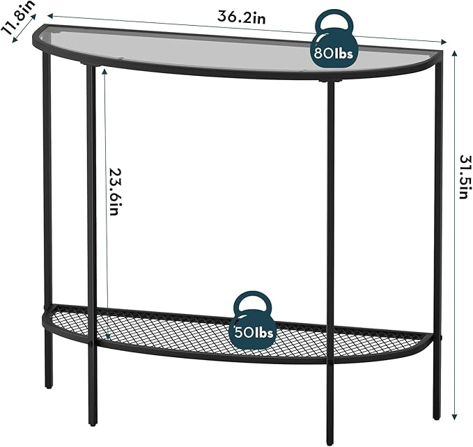 SAYGOER Glass Console Table 2 Tier Half Moon Entryway Table Modern Couch Table Small Entry Way Tables for Living Room Hallway, Easy Assembly, Gray Glass