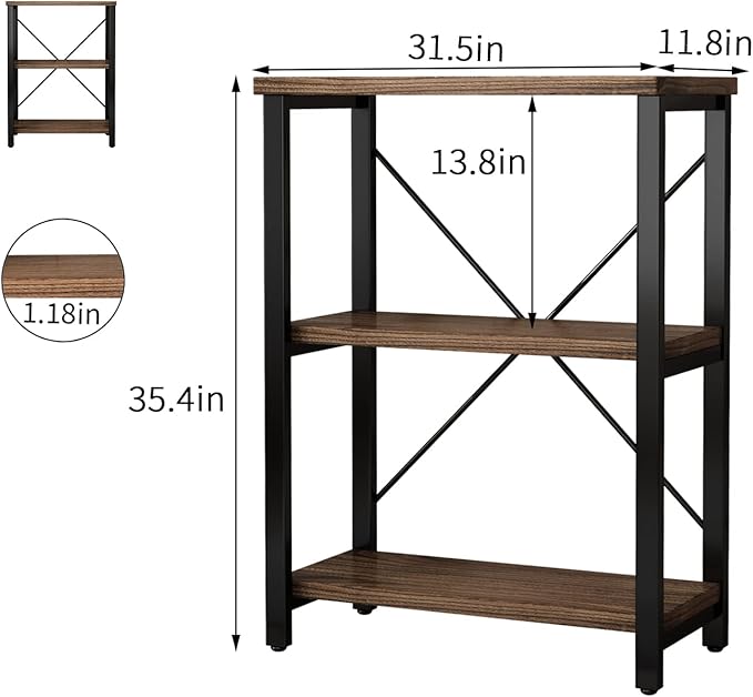 3 Tier Industrial Solid Wood Bookcases, Open Etagere Bookshelf with Metal Frame, Rustic Wood and Metal Shelving Storage Organizer for Living Room Book Shelves Furniture (AY01-3tier)