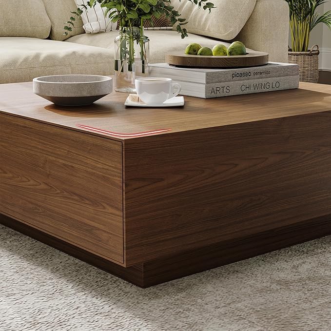 POVISON Modern Square Coffee Table with Storage, 39.37" Wood Coffee Table for Living Room Home Office, Fully-Assembled Walnut