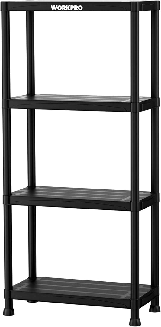 WORKPRO 4-Tier Plastic Storage Shelves, 400lb Capacity Shelving Unit, 51.4" H x 23.9" W x 12" D, Storage Rack for Garage, Home, Pantry, Office, Laundry, Tool-Free Assembly, Black