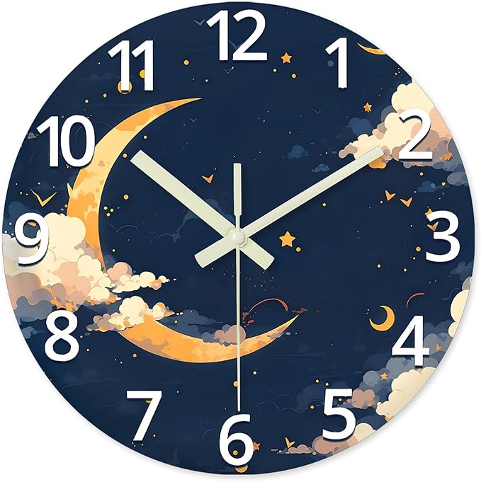 14 Inch Moon Clock for Kids Bedroom Small Glow in The Dark Wall Clock Battery Operated Analog Silent Wall Clock Non Ticking