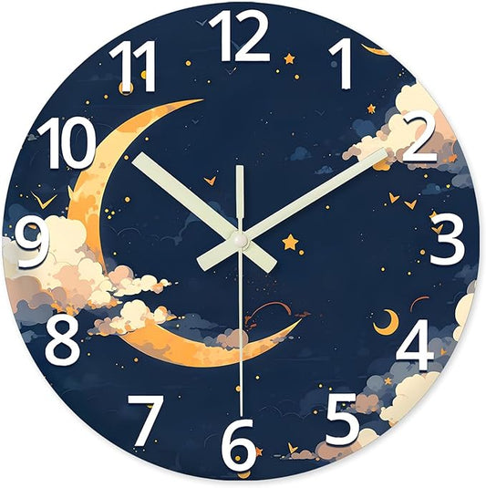 14 Inch Moon Clock for Kids Bedroom Small Glow in The Dark Wall Clock Battery Operated Analog Silent Wall Clock Non Ticking
