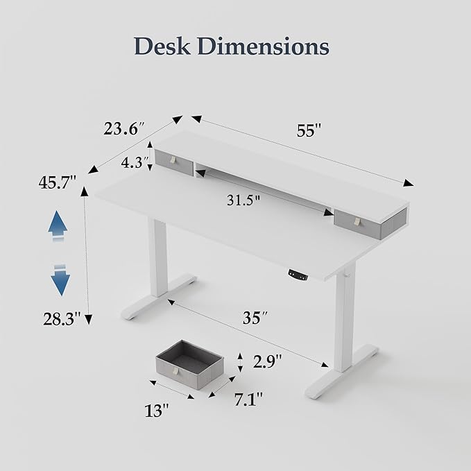 Klicelor 55 Inch Electric Standing Desk with Drawers, Adjustable Height Small Sit Stand Desk for Home Office, Compact Computer Workstation with Storage– White