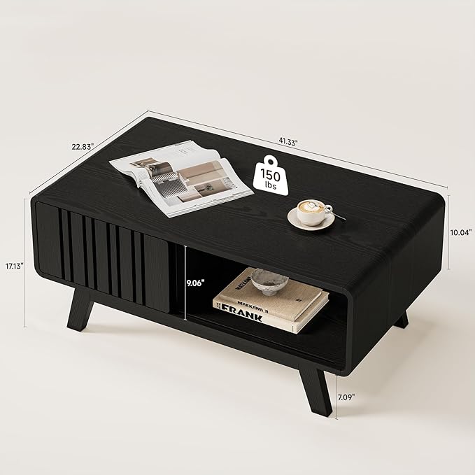 ONBRILL Coffee Table, Mid Century Modern Table with Storage Compartment, Fluted Table with Sliding Cabinet Door, Farmhouse Wood Coffee Table for Living Room (Black)