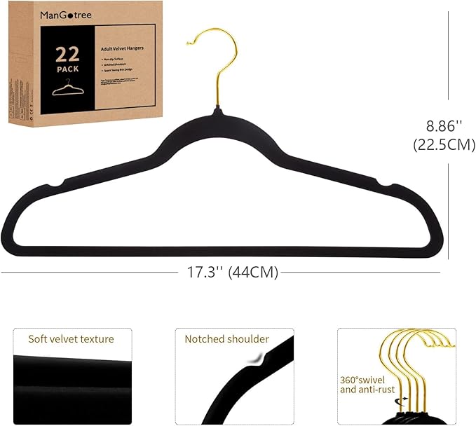 ManGotree Velvet Coat Hangers with 360° Swivel Gold Hook, Non-Slip Felt Suit Hangers, Slim Space Saving Clothes Hanger for Jacket, Sweater, Shirt, Dress, Pants (22 Pack, Black)