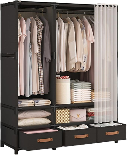 Portable Closet,Portable Closets for Hanging Clothes,Japanese Style Garment Rack Clothing Rack with 3 Drawers,1 Hanging Rods and 2 Storage Shelves,43.3" L x 17.7" W x 65.1" H,Black