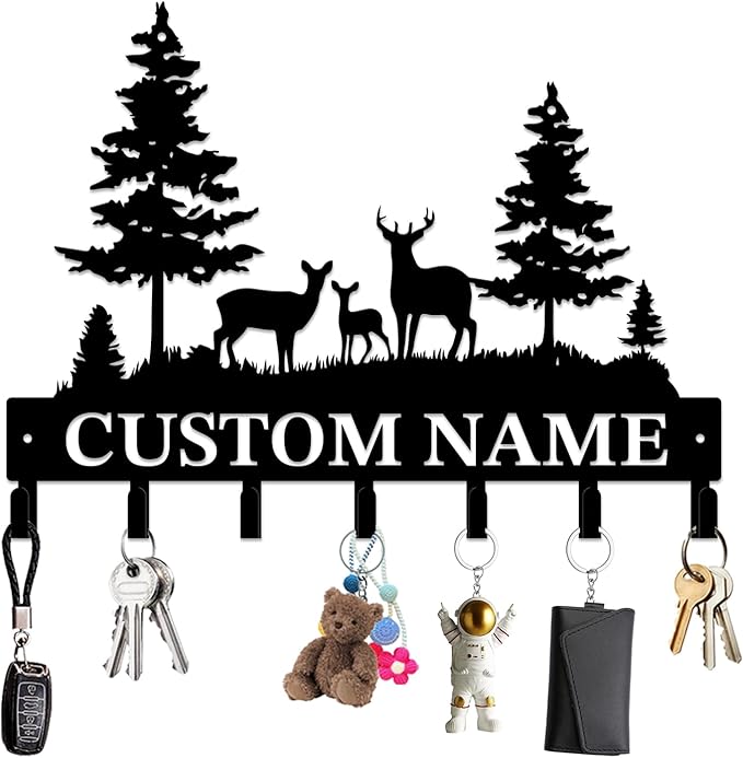 Personalized Custom Name Forest Deer Wall Keys Hooks,Metal Forest Deer Art Clothes Hooks,Metal Forest Deer Wall Home Storage Decorative,For Front Door, Hallway, Kitchen, Bedroom,Keys,Hats (Style I)