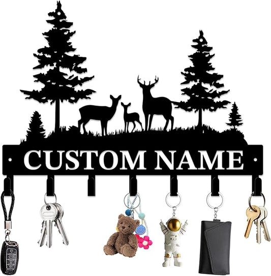 Personalized Custom Name Forest Deer Wall Keys Hooks,Metal Forest Deer Art Clothes Hooks,Metal Forest Deer Wall Home Storage Decorative,For Front Door, Hallway, Kitchen, Bedroom,Keys,Hats (Style I)