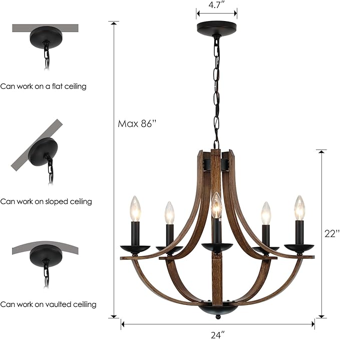 Farmhouse Chandeliers for Dining Room Light Fixture, 5-Light 24 inch Faux Wood Texture Hanging Lighting Fixtures, Rustic Candle Chandeliers for Living Room Kitchen Island Foyer Entryway