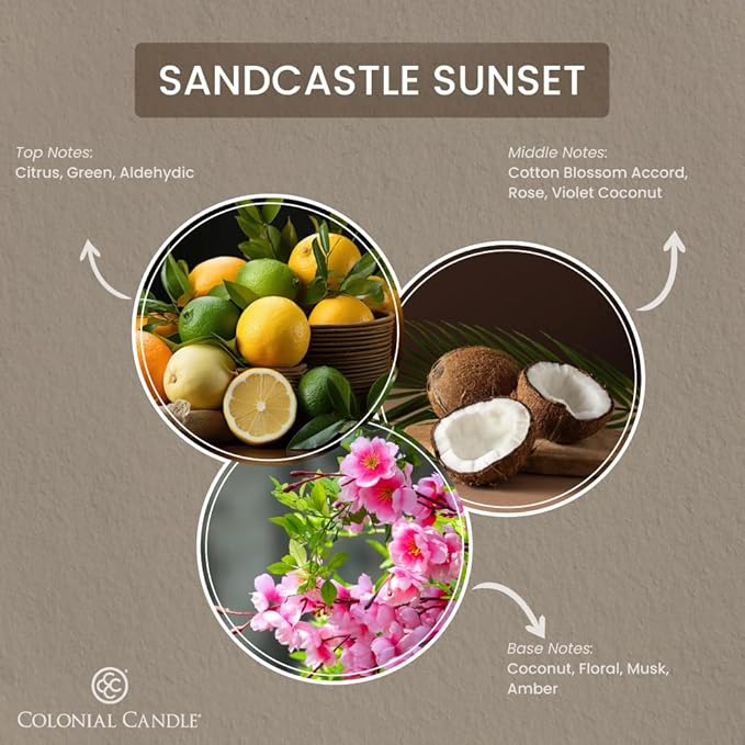 Colonial Candle Sandcastle Sunset Scented Jar Candle, Pop of Color Collection, 3 Wick, Green, 14.5 oz - Up to 60 Hours Burn