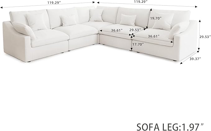 Modular Sectional Sofa,119inch V Shaped Down Filled Cloud Couch,5 Seater Convertible Sofa Living Room Set,Cover Washable and Replaceable Couches for Living Room,White