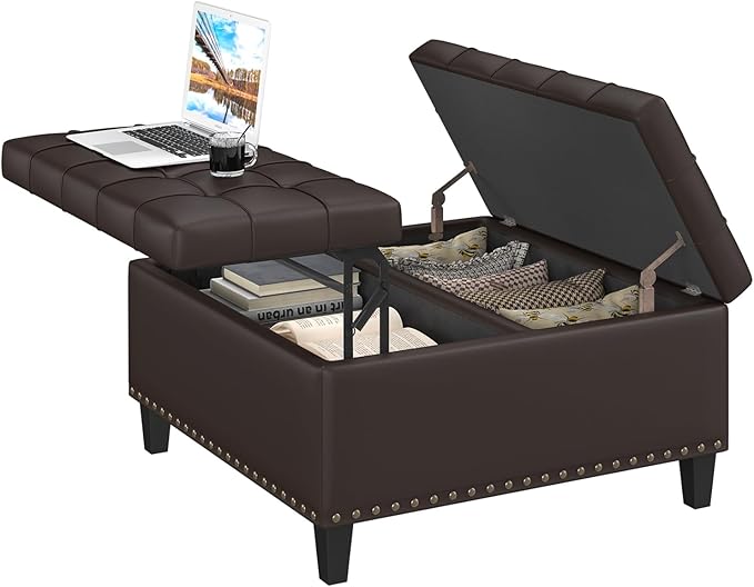 Square Leather Ottoman with Storage, Faux Leather Coffee Table with Lift Top,Large Upholstered Footrest Stool Toy Box Storage Bench for Bedroom Living Room, Chocolate