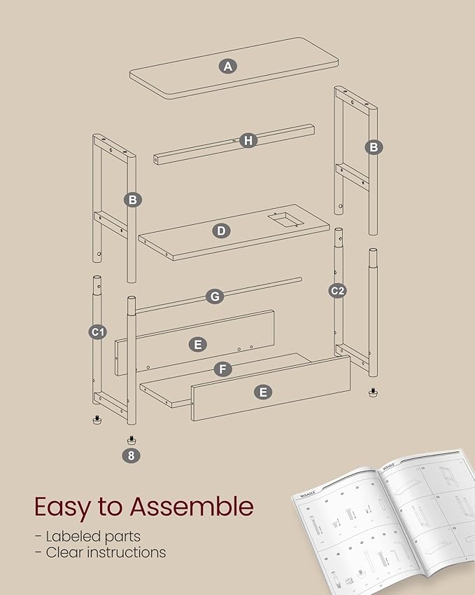 VASAGLE Side Table with Charging Station, Narrow End Table, 3-Tier Nightstand, Sofa Table for Small Spaces, Magazine Rack, for Living Room, Bedroom, Study, Cream White ULET335W01