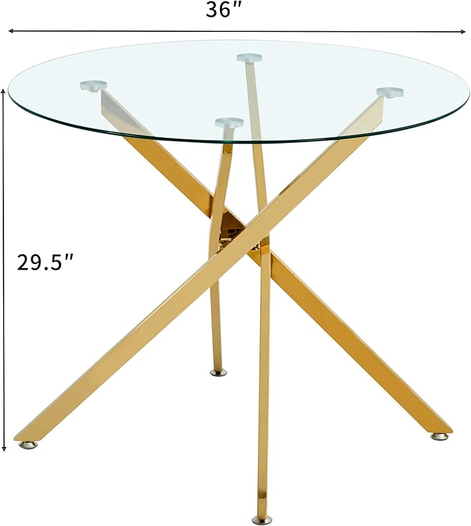 36" Round Glass Dining Table Modern Kitchen Glass Top Table for 4 with Gold Chrome Metal Legs, Clear Dining Table Kitchen Table for Home Office Dining Room