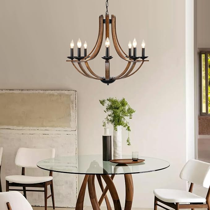 Rustic Farmhouse Dining Room Chandelier Light Fixture, 8-Light 28" Adjustable Chandelier for Kitchen Island, Living Room, Foyer, Staircase, Restaurant, Showroom, Villa, Faux Walnut