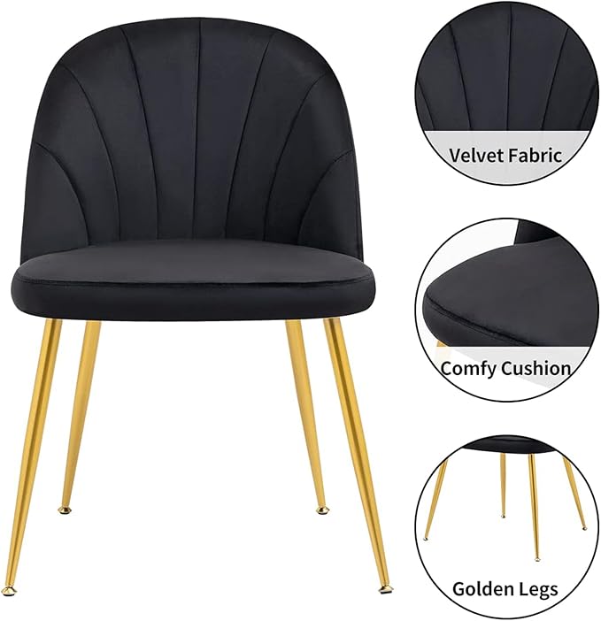 Velvet Dining Chairs Set of 6, Upholstered Mid Century Modern Dining Room Chairs, Armless Accent Chair with Metal Gold Legs for Living Room, Kitchen, Dining, Black