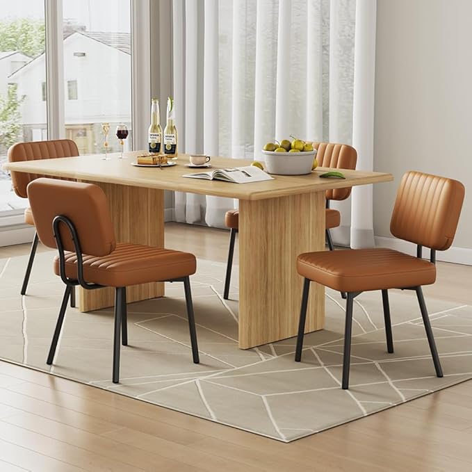 Dining Chairs Set of 4, Upholstered Mid Century Modern Kitchen Dining Room Accent Chairs with Faux Leather Cushion Seat & Metal Legs for Kitchen, Living Room (Brown, Set of 4)
