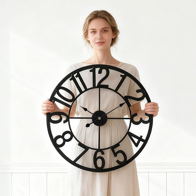 Vantic 24 Inch Large Wall Clock, Arabic Numeral Metal Oversized Wall Clocks for Living Room Decor, Bedroom and Kitchen, Completely Silent, Non Ticking, Battery Operated