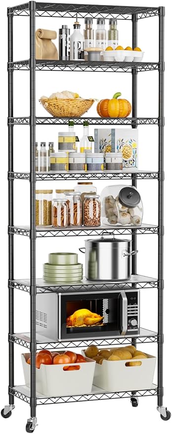 8 Tier Shelves Storage Shelf Wire Closet Bathroom Organizers Metal Pantry Kitchen Garage Shelving Unit Laundry Room Organization Home Rack Net Basket Black with Wheels 12”D X 22”W X 74.2”H
