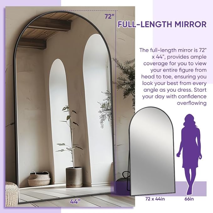 Full Length Mirror, 72"x44" Floor Mirror Freestanding, Oversized Floor Standing Mirror Full Body Mirrors with Stand for Bedroom, Hanging Mounted Mirrors for Living Room, Black, Arched