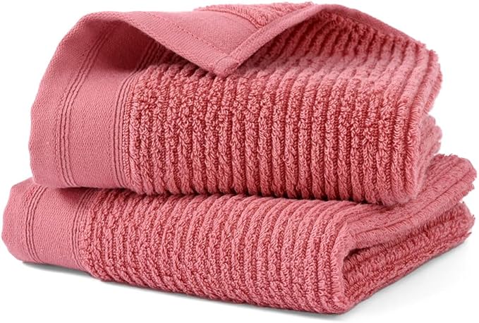 YiLUOMO Pink Hand Towel Set of 2 Ribbed Striped 100% Cotton Quick Dry Soft and Absorbent Bathroom Decorative Hand Towel 13 x 29 Inch