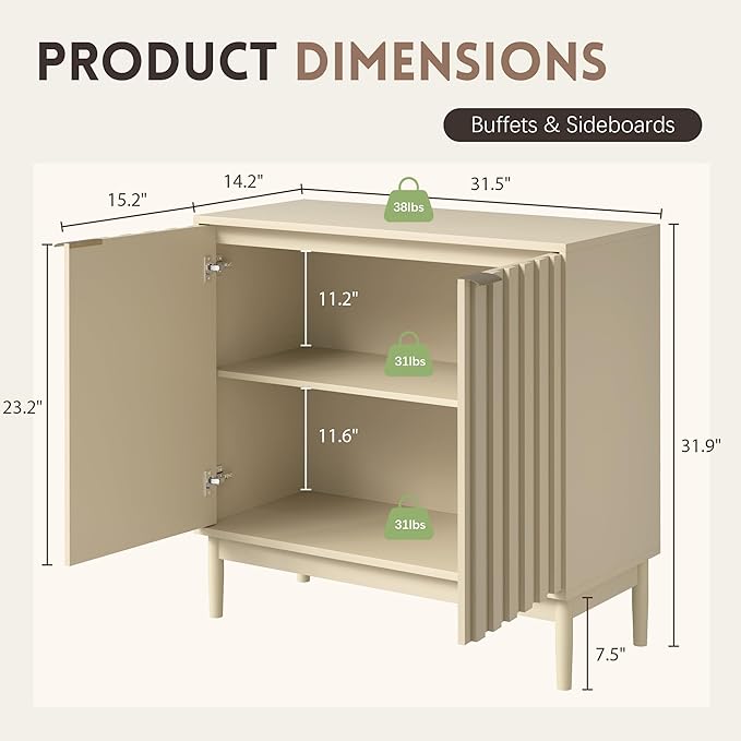 Fluted Sideboard with Storage, Buffet Cabinet Sideborad with Door, Kitchen Buffet Storage Accent Cabinets with Adjustable Shelves for Living Room, Entry, Hallway, Beige