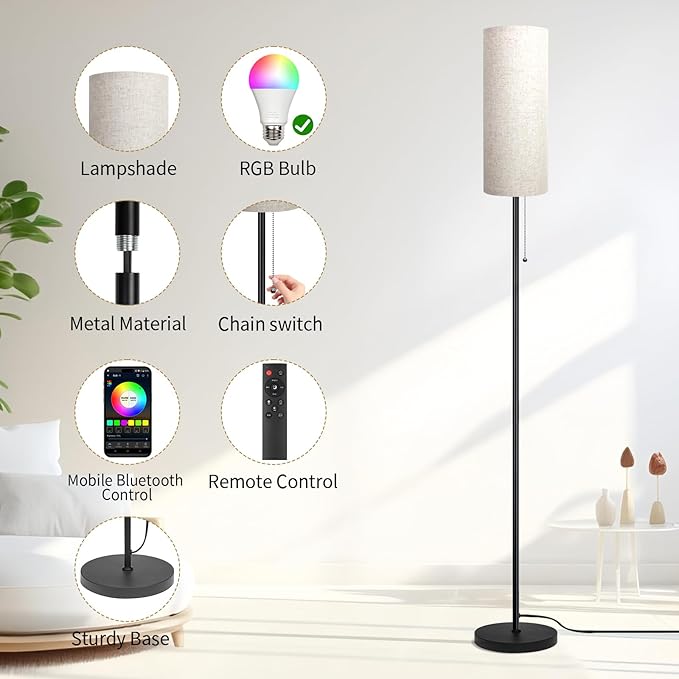 Floor Lamp for Living Room, Modern Standing Lamps with Lampshade, Minimalist Tall Lamp with Chain Switch for Living Room, LED Bulb Included (Beige Shade-RGB Bulb)