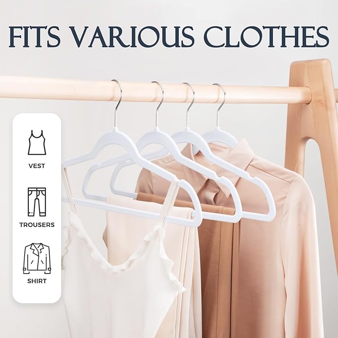 HOUSE DAY White Velvet Hangers 60 Pack, Non Slip Clothes Felt Hanger Heavy Duty for Coat, Premium Slim Space Saving Suit Hangers for Closet Organizer, 360° Rotating Silver Hook