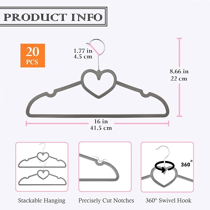 Velvet Hangers 20 Pack, 16" Non Slip Adult Hangers, Slim Clothes Hanger with 360 Degree Swivel Hook - Durable & Cute for Coats, Shirts, Dress (Grey)