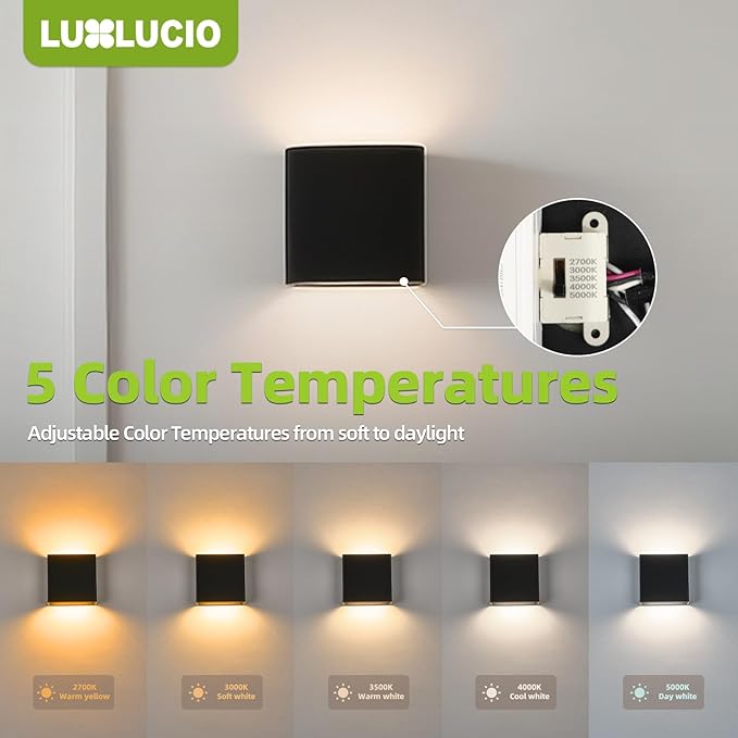 Indoor Outdoor Wall Light, 5%-100% Dimmable, 5 Color Temperature Selectable (2700K-5000K), Modern Wall Sconce for Living Room Porch, IP65 Waterproof, 120-277V, CRI90+, ETL FCC Certified