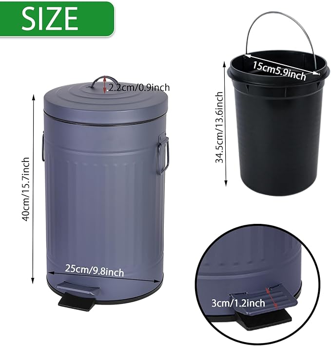 Dog Poop Trash Can with Lid for Outdoors，3.2 Gallon Trash Can with Activated Carbon Filter & Plastic Bags, Pet Waste Container，UP12L-GY-Y+90BK